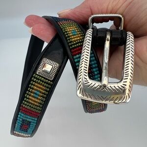 Brighton Bead Black Leather Skinny Belt Size Medium Southwestern Aztec  Vintage